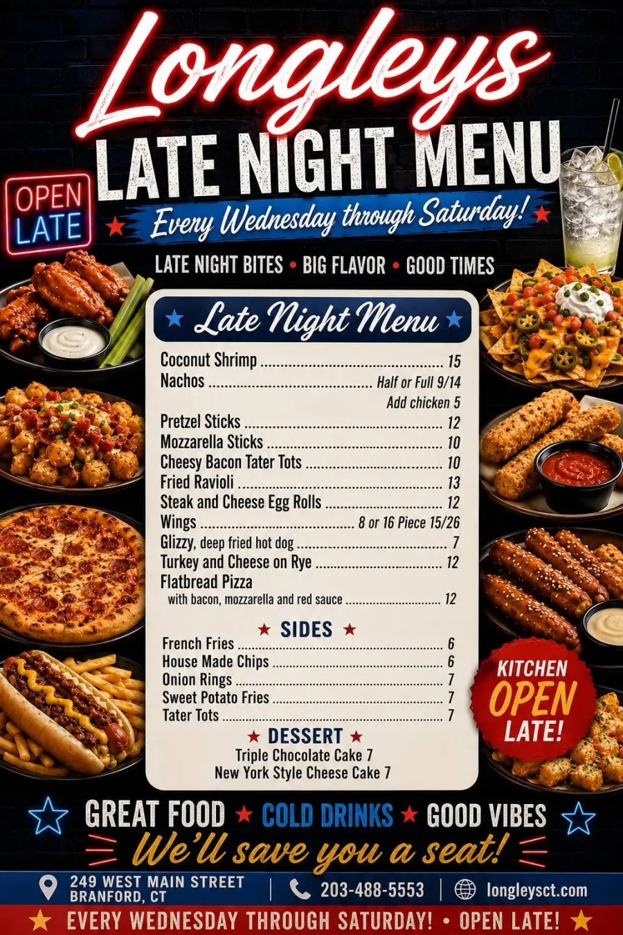 Longley's Late Night Menu in Branford CT, served every Wednesday through Saturday