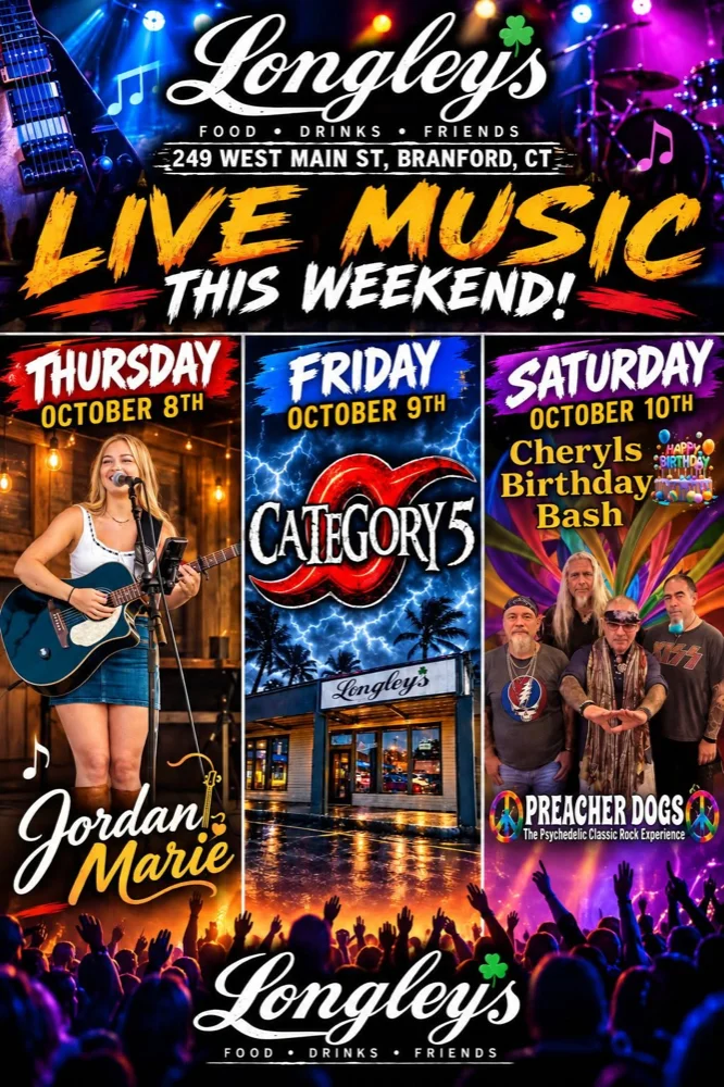 Live music this weekend at Longley's, 249 West Main St, Branford CT: Jordan Marie on Thursday October 8, Category 5 on Friday October 9, and Preacher Dogs, the psychedelic classic rock experience, on Saturday October 10 for Cheryl's Birthday Bash.