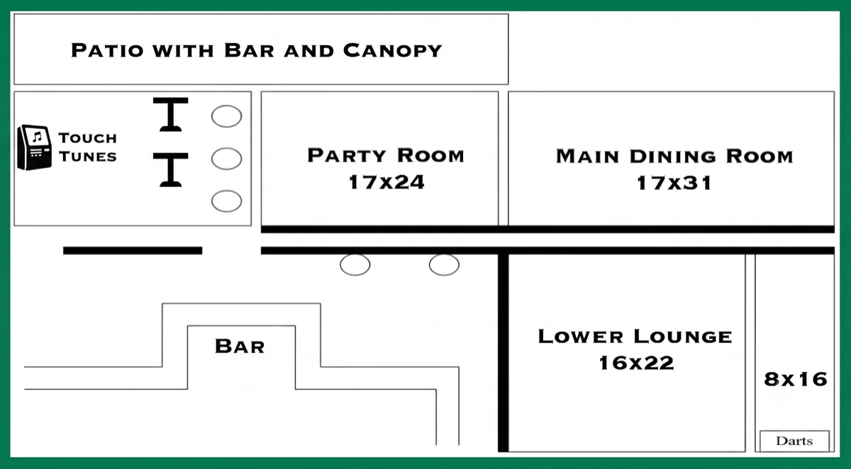 Floor plan of Longley's Restaurant in Branford CT showing the party room, main dining room, lower lounge, bar, and patio with bar and canopy
