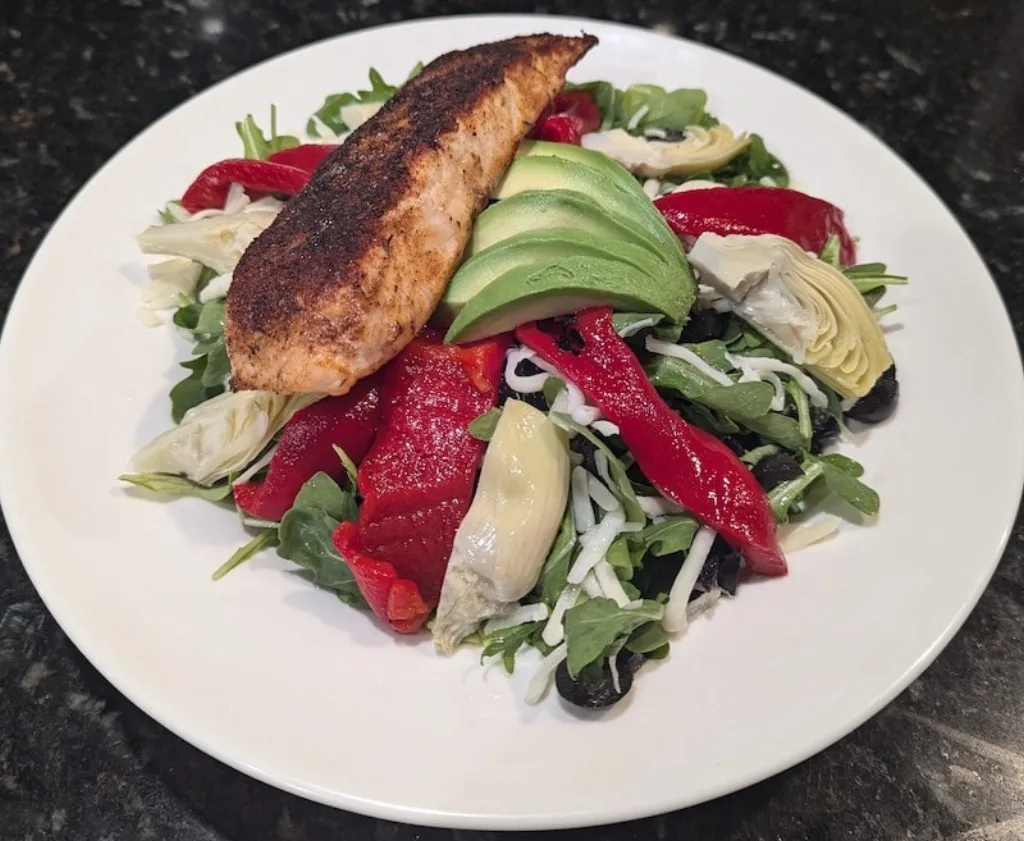 Blackened salmon salad with fresh avocado, served at Longley's in Branford CT.