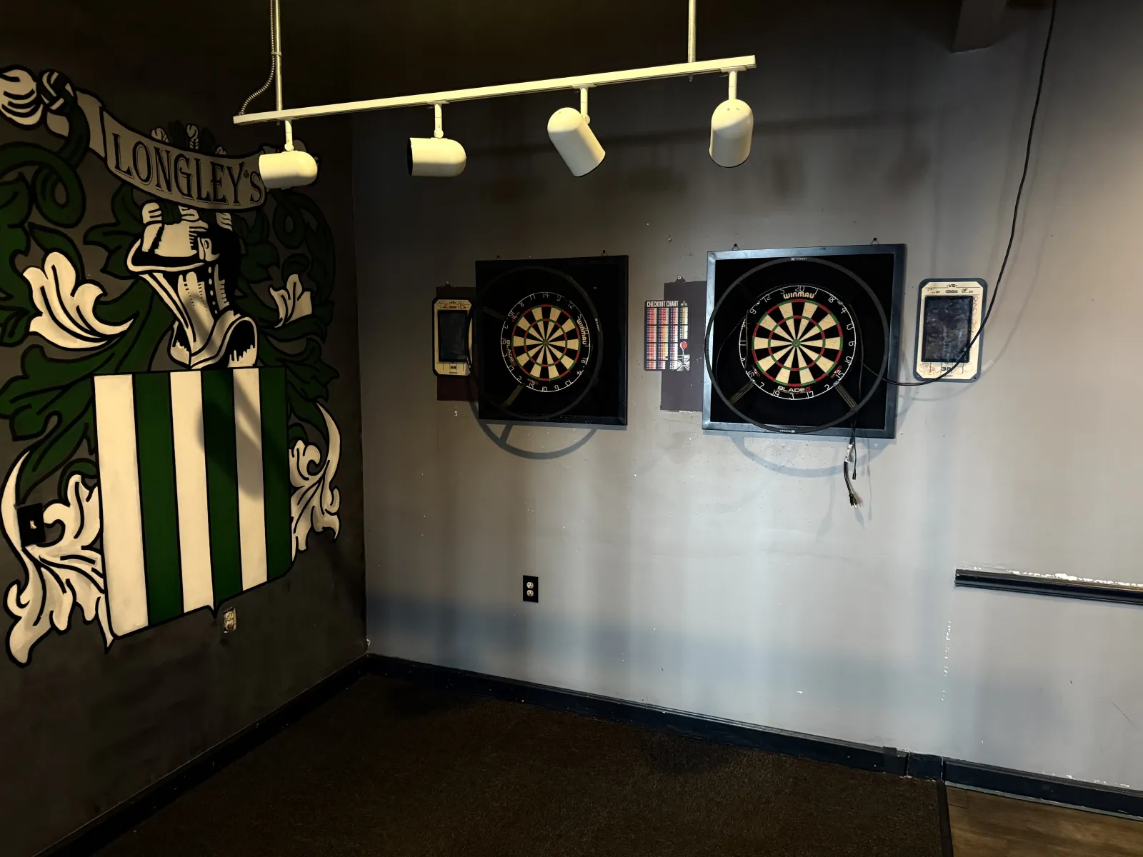 Dart boards and crest mural in the pub room at Longley's.