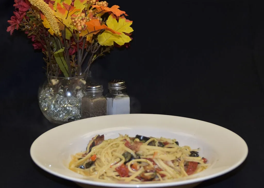A side view of the delicious Mediterranean pasta bowl available at Longley's.