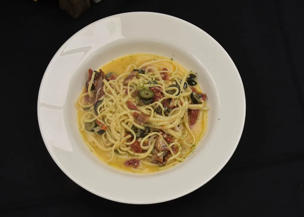 Sun-dried tomato and olive pasta dish at Longley's.